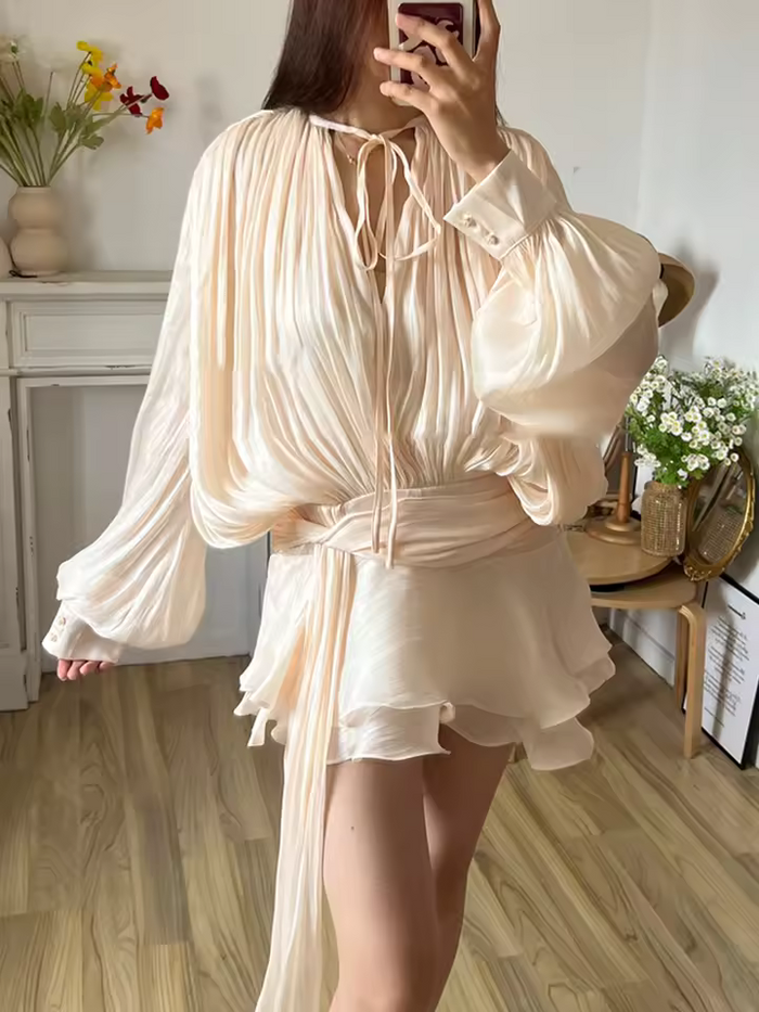 V-Neck Blouse Dress with Lace-Up Front