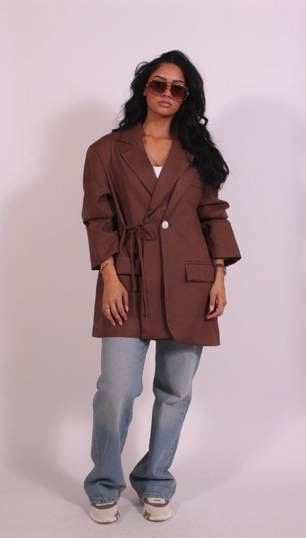 Linnest ™ | Oversized Tie Side Blazer Linen Choco