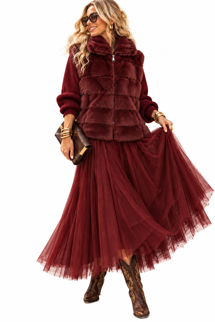 Linnest™ Carrie Tulle Midi Skirt – Wine